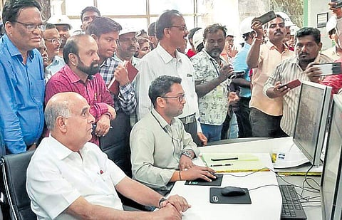 TS Genco and TS Transco chairman & managing director D Prabhakar Rao supervises the process of synchronisation of the first unit of the BTPS on Thursday (Photo |EPS)