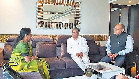 Minister T Harish Rao interacts with Union Finance Minister Nirmala Sitharaman on the sidelines of the 37th Goods & Service Tax Council meeting in Goa (Photo |EPS)