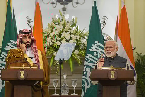 Prime Minister Narendra Modi speaks as the Crown Prince of Saudi Arabia Prince Mohammed Bin Salman Bin Abdulaziz Al-Saud at a joint press conference in Delhi earlier this year. (PTI photo)