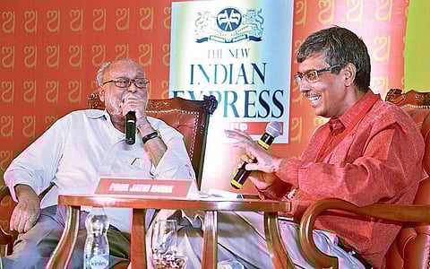Poet Jayanta Mahapatra  in conversation with Prof Jatin Nayak on ‘The Poetic As Personal: My Life in Words’ | ( Photo | Irfana )