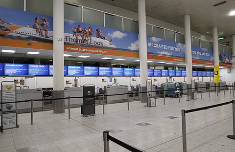 Empty Thomas Cook check-in desk in Gatwick Airport, England Monday, Sept. 23, 2019. (Photo | AP)