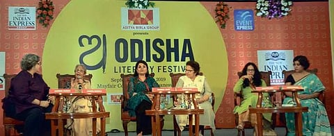 Senior journalist Kaveree Bamzai with panelists Shanta Gokhale, Kishwar Desai, Minnie Vaid, Samhita Arni and Deepanjana Pal during a session on ‘Women’s Voices: Waiting to be Heard’ in Bhubaneswar
