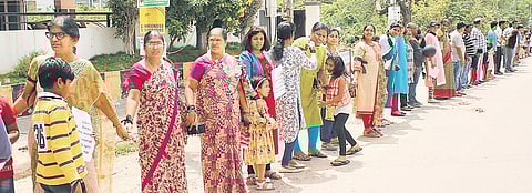 Residents of Alakaapoor township started their series of peaceful human-chain protests on Sunday demanding drinking water connections from HMWSSB. They intend to strike every Sunday and also go on a hunger strike until their water demands are met by the o