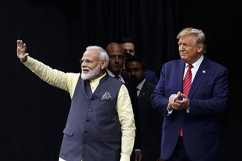 Following the performances, PM Modi took the stage and welcomed US President Donald Trump at the gathering. (Photo | AP)
