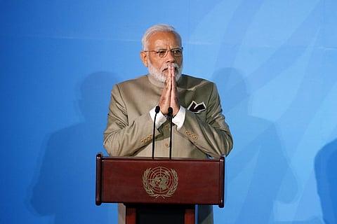 India's Prime Minister Narendra Modi addresses the Climate Action Summit in the United Nations General Assembly, at U.N. headquarters. (Photo | AP)