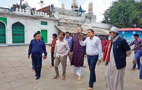 AIMIM chief Asaduddin Owaisi taking stock of the restoration works at Mecca Masjid in Hyderabad (File Photo |EPS)
