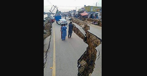 A view of damaged roads after a 5.8-magnitude earthquake rocked Pakistan-occupied Kashmir Tuesday Sept. 24 2019. Nearly 50 people including women and children were injured during the earthquake. (Photo | Twitter)