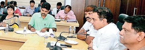 MAUD Minister KT Rama Rao holds a review meeting with GHMC officials in Hyderabad on Tuesday