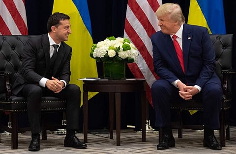 US President Donald Trump and Ukrainian President Volodymyr Zelensky speak during a meeting in New York on September 25, 2019, on the sidelines of the United Nations General Assembly. (Photo | AP)