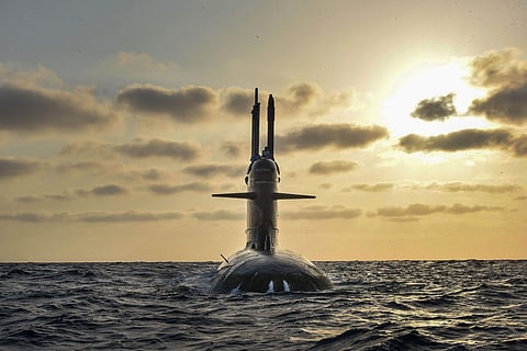 Submarine Khanderi during a phases of sea trials. The submarine will get commissioned by the Defenece Minister Rajnath Singh in Mumbai on Saturday. (Photo | PTI)