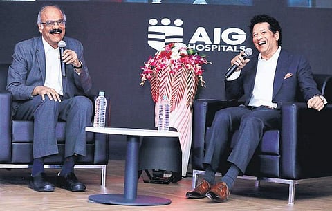 Dr D Nageshwar Reddy, chairman, Asian Institute of Gastroenterology and cricket legend Sachin Tendulkar at an interactive chat session with doctors and staff during the silver jubilee celebrations of the hospital in Hyderabad on Thursday
