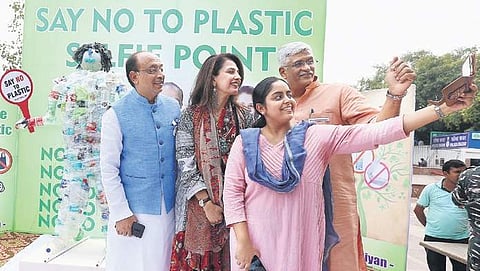 Union Jal Shakti Minister Gajendra Singh Shekhawat (right) with BJP leader Vijay Goel at the launch of the plastic-free campaign.| ( Photo | Arun Kumar )