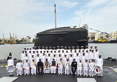 Defence Minister Rajnath Singh during the commissioning ceremony of Scorpene class submarine INS Khanderi at Naval Dockyard in Mumbai Saturday Sept. 28 2019. | (Photo | PTI)