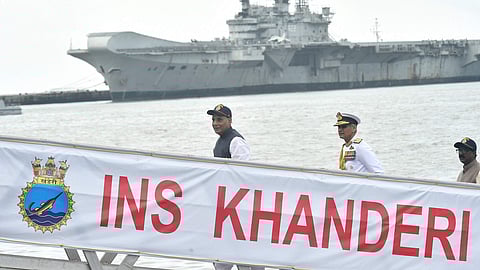 Defence Minister Rajnath Singh during the commissioning ceremony of Scorpene class submarine INS Khanderi at Naval Dockyard in Mumbai on Sept. 28 2019. | 