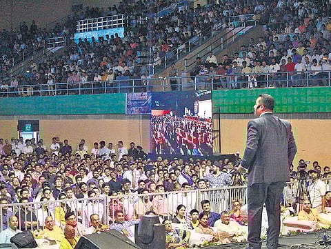 Snapshot of Udgaar 2018, with motivational speaker Vivek Bindra addressing the audience comprising of 8,000 youth; (inset) HG Sundar Gopal Das of ISKCON