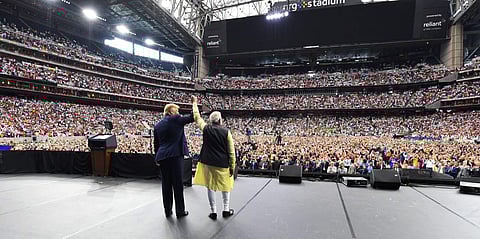 PM Modi with US President Donald Trump at the 'Howdy Modi' event held at at NRG Stadium, Houston, which saw an attendance of 50000 people. (Photo | Twitter/@narendramodi)