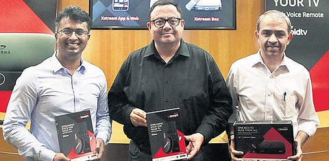 (From L) Adarsh Nair, chief product officer, Bharti Airtel, Sameer Batra, Airtel Wynk CEO, and Sunil Taldar, Airtel DTH CEO, during Airtel Xstream's launch. (Photo | Shekhar Yadav, EPS)
