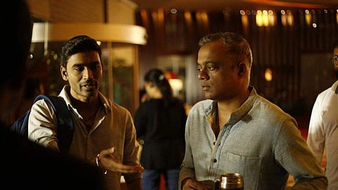 Dhanush with Gautam Menon (R) on the sets of 'Enai Noki Paayum Thota'