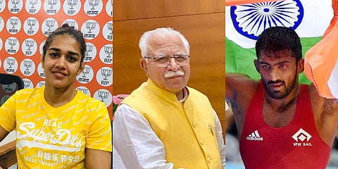 (From Left) Wrestler Babita Phogat, Haryana CM Manohar Lal Khattar and Olympic medallist Yogeshwar Dutt (Photo | PTI and Twitter)