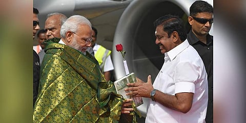 Prime Minister Narendra Modi being welcomed by the Chief Minister of Tamil Nadu, Edappadi K. Palaniswami, on his arrival, in Chennai. (Photo | PIB)