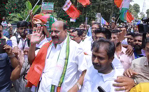 The victory rally of Mani C Kappan taken out by LDF workers through Pala town on Friday. (Photo | Vishnu Prathap)