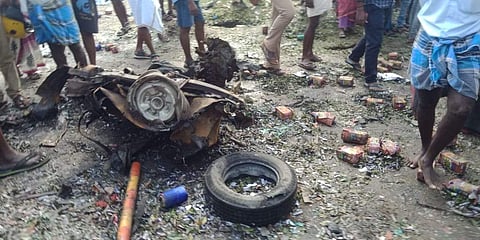 The remains of the explosives-laden mini lorry which blew up in Villupuram district. (Photo | EPS)