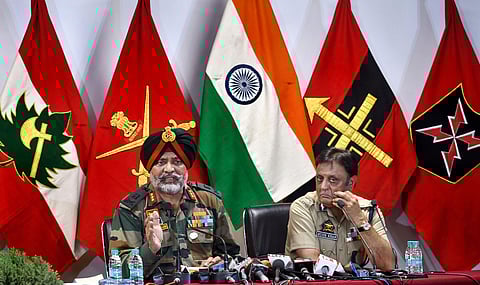Chinar Corps Commander Lieutenant General KJS Dhillon and Jammu and Kashmir Police chief Munir Khan address a joint press conference at army's Badami Bagh Headquarters in Srinagar Wednesday September 4 2019. | PTI