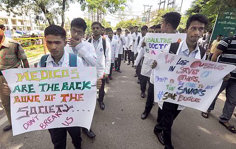 Senior and junior doctors take out a protest rally against the alleged assault on a senior doctor Deben Dutta 73 at a tea garden that led to his death at Jorhat district in Guwahati Tuesday September 03 2019. (Photo | PTI)
