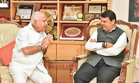 Karnataka Chief Minister B S Yediyurappa and his Maharashtra counterpart Devendra Fadnavis holding talks in Mumbai on Tuesday | Express