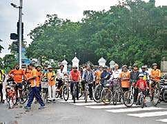 A cycle rally in the city helmed by bicycle mayor Prakash P Gopinath