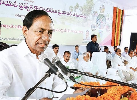 Chief Minister K Chandrasekhar Rao speaks at a meeting on Tuesday | Express