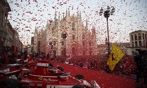 A view of the event to celebrate the 90th anniversary of the foundation, at Milan's Duomo square, Italy, Wednesday, Sept. 4, 2019. The F1 GP of Italy will take place at Monza race track, near Milan. (Photo | AP)