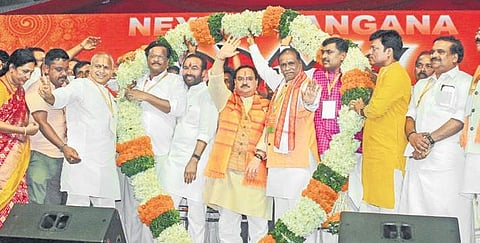BJP working president JP Nadda being welcomed by the party’s state unit chief  K Laxman and other BJP members in Hyderabad (File Photo| EPS, Sathya keerthi)