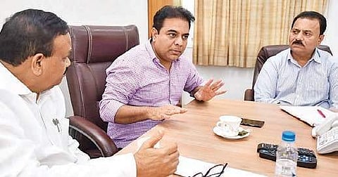 TRS working president K T Rama Rao speaks during a meeting with the party leaders from SCB area, at Telangana Bhavan on Wednesday | Express