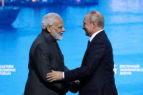 Indian Prime Minister Narendra Modi (L) shakes hands with Russian President Vladimir Putin at a plenary session of Eastern Economic Forum at far-eastern Russian port of Vladivostok. (Photo | AFP)