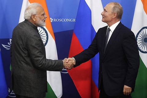 Russian President Vladimir Putin, right, and Indian Prime Minister Narendra Modi shake hands during their meeting at the 5th Eastern Economic Forum in Vladivostok, Russia, on Wednesday, Sept. 4, 2019. (Photo | AP)