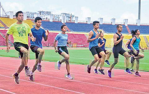 Athletes during a training session at the Sarusajai Sports Complex | VISHNU PRASAD
