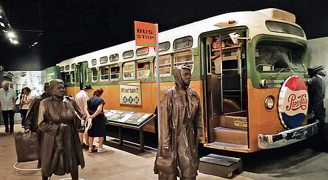 Artefacts at the Civil Rights Museum; a scene depicting the Rosa Parks incident