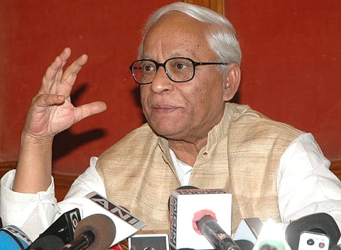 In this file photo, CPI(M) Politburo member Buddhadeb Bhattacharjee festures during a press conference. (Photo |EPS)