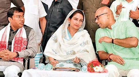 Union Food Processing Industries Minister Harsimrat Kaur Badal speaks to Nizamabad MP D Arvind during the inauguration of the Mega Food Park at Lakkampally village in Nandipet mandal, Nizamabad district on Friday | express