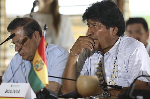 Bolivia's President Evo Morales attends a meeting where leaders of several South American nations that share the Amazon have gathered, in Leticia, on Colombia's Amazon river border with Brazil and Peru, Friday, Sept. 6, 2019. (Photo | AP)