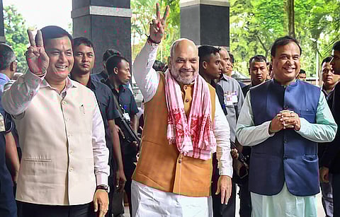 Union Home Minister and Chairman North Eastern Council NEC Amit Shah with Assam Chief Minister Sarbananda Sonowal and Finance Minister of Assam Himanta Biswa Sarma at the 68th Plenary Session of the North Eastern Council at Assam Administrative Staff Coll