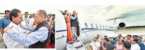 (From left) Governor ESL Narasimhan and Chief Minister K Chandrasekhar Rao in a sombre mood as they bid farewell. The governor couple boards their plane at Begumpet Airport in Hyderabad on Saturday | Express