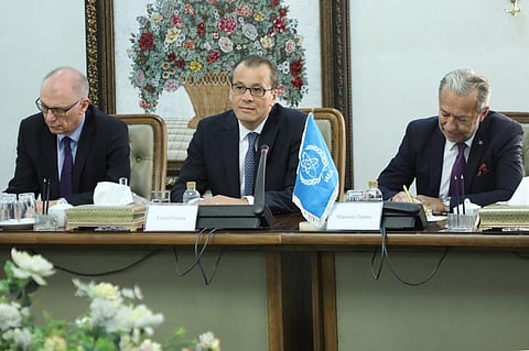 Acting Director General of the International Atomic Energy Agency (IAEA) Cornel Feruta (C) during a meeting with the head of Iran's Atomic Energy organization organization in Tehran (Photo | AFP)