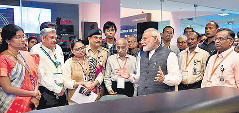 Prime Minister Narendra Modi interacts with ISRO scientists at the organsiastion’s headquarters in Bengaluru, on Saturday | pti
