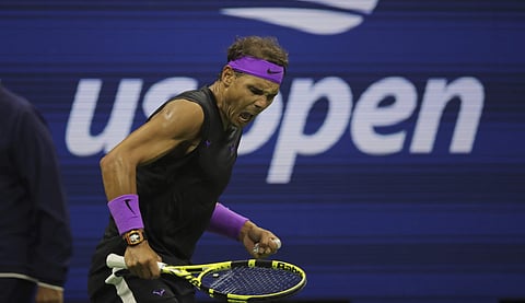 Rafael Nadal, of Spain, reacts after winning the first set against Matteo Berrettini, of Italy, during the men's singles semifinals of the U.S. Open tennis championships Friday, Sept. 6, 2019, in New York. | AP