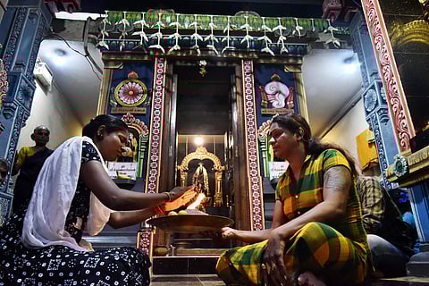 Transgender priestess Ravi Amma at the Thiruvengatamudayan Krishnamari Amman  in Washermenpet. (Photo | Jawahar P, EPS)