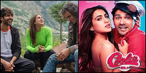 L-R: Kartik Aaryan with Sara Ali Khan and Imtiaz Ali in 'Love Aaj Kal 2'; Sara and Varun Dhawan in 'Coolie No 1'.