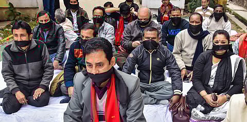 Members of Asom Sahitya Sabha tie their mouth with black cloth during a protest against the Citizenship Amendment Act at Asom Sahitya Sabha office in Guwahati Wednesday Jan. 1 2020. (Photo | PTI)