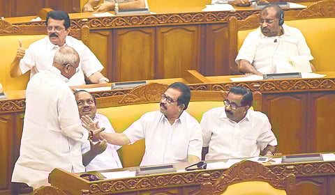 BJP leader O Rajagopal greeting IUML members V K Ebrahim Kunju, K N A Khader and M Ummer at the special assembly session on Tuesday | B P Deepu